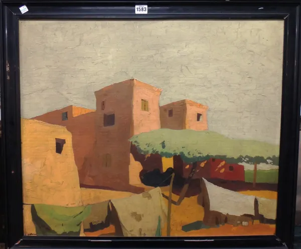 Renzo Daforno (1902-1952), Buildings in the sun, oil on board, signed, 59cm x 70cm.
