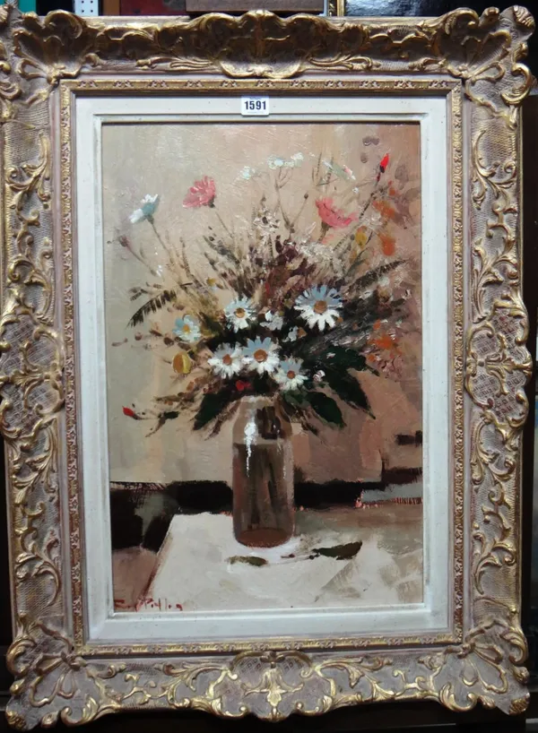 Roy Petley (b.1951), Still life of flowers in a vase, oil on board, signed, 57cm x 36.5cm. DDS
