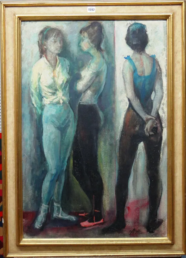 British School (20th century), Standing female figures, oil on canvas, indistinctly signed and dated '60, 89cm xc 59cm.