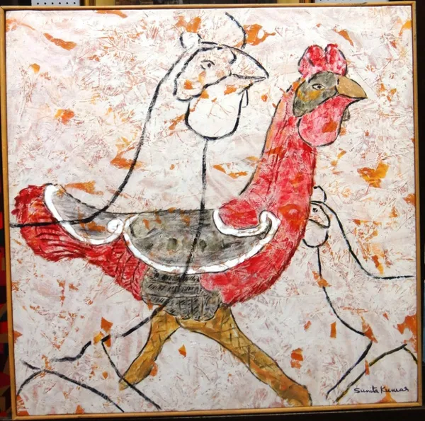 Sunita Kumar (b.1942), Chicken, oil on canvas, signed, 60.5cm x 61cm.  IllustratedSunita Kumar was a volunteer worker for Mother Teresa's Missionaries