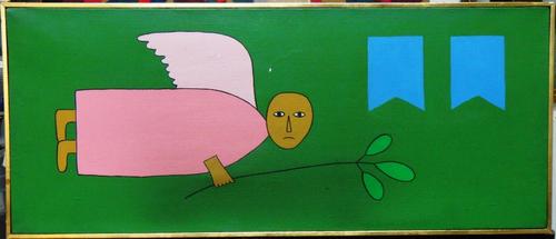 Antonio Maia (Brazilian 20th century), Angel with olive branch, oil on canvas, 27cm x 65cm.; together with a South American School oil of Madonna Asce