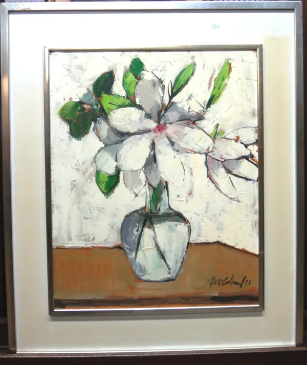 Peter Collins (b.1935), Still life of Magnolia in a glass vase, oil on board, signed and dated '81, 48cm x 38.5cm. DDS