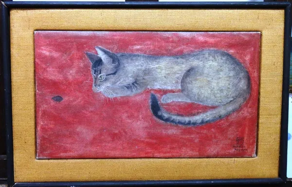 Fumiko Matsuda (20th century), Cat watching a beetle, oil on canvas, signed and dated May 1989, 26cm x 46cm.  IllustratedProvenance; The Estate of Fle