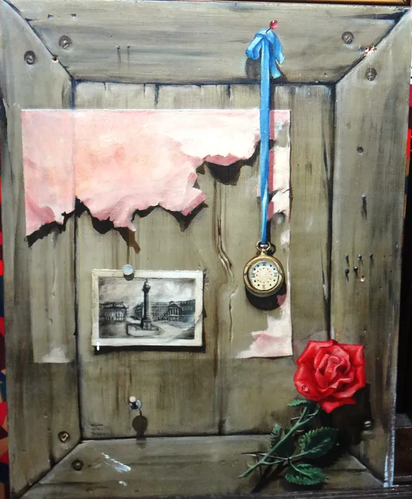 William Ward Beecher (1921-2006), Trompe l'oeil of photograph, pocket watch and rose, oil on panel, signed, unframed, 41cm x 32.5cm.Provenance; The Es