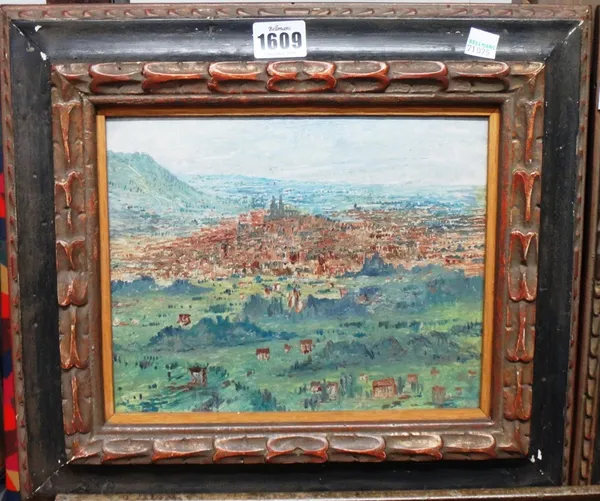 Continental School (20th century), View of a town; View of a city, a pair, oil on panel, each 18.5cm x 23cm.(2)Provenance; The Estate of Fleur Cowles