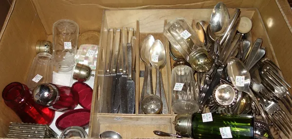 A quantity of silver plate including glass sugar castors with plated mounts Elkington & Co plated flatware and  part kings pattern flatware. (qty)  S2