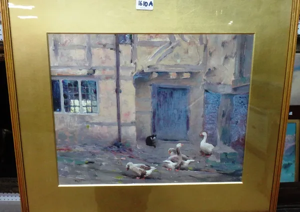 Frederick Hall (1860-1948), Farmyard scene with ducks and cat, oil on board, signed, 31cm x 38.5cm. DDS  Illustrated