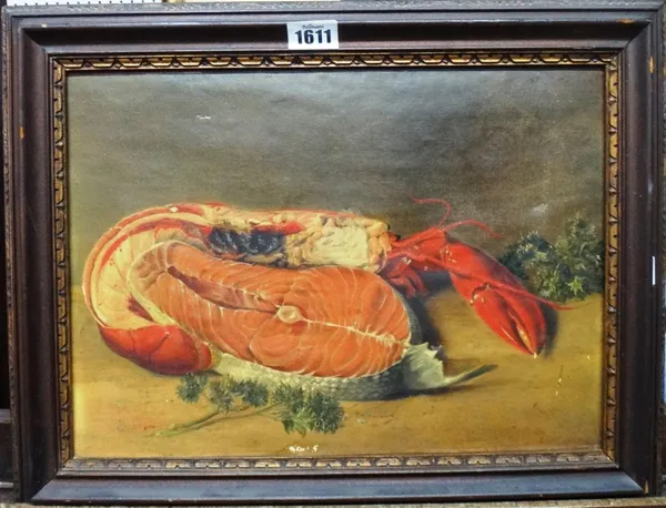 David Hill (1914-1977), Still life of lobster and salmon fillet, oil on paper laid on canvas, 25cm x 34.5cm. DDSProvenance; The Estate of Fleur Cowles