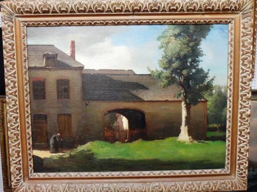 Follower of William Orpen, a figure before a French farmstead, oil on canvas, 56cm x 75cm.