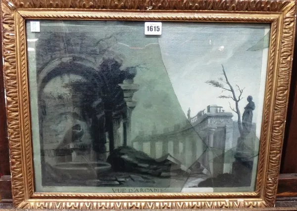 French School (20th century), 'Vue d'Arcadie': a trompe l'oeil of engraving with broken glass, oil on canvasboard, 24cm x 46cm.Provenance; The Estate