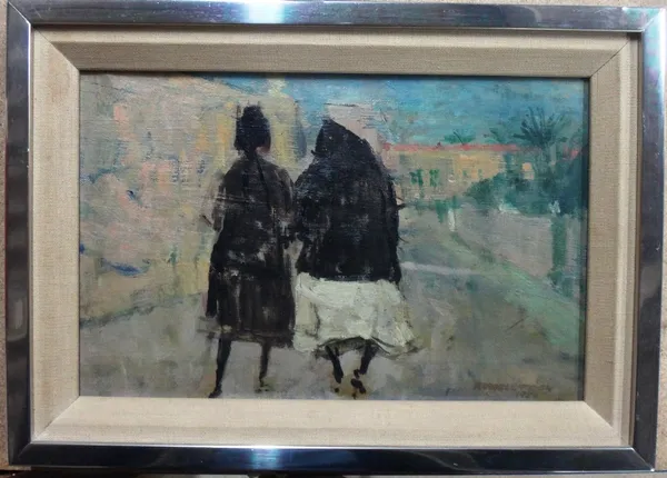 Rowell Tyson (b.1926), Two figures walking, oil sketch on canvas, signed and dated 1954, 18cm x 28.5cm. DDS