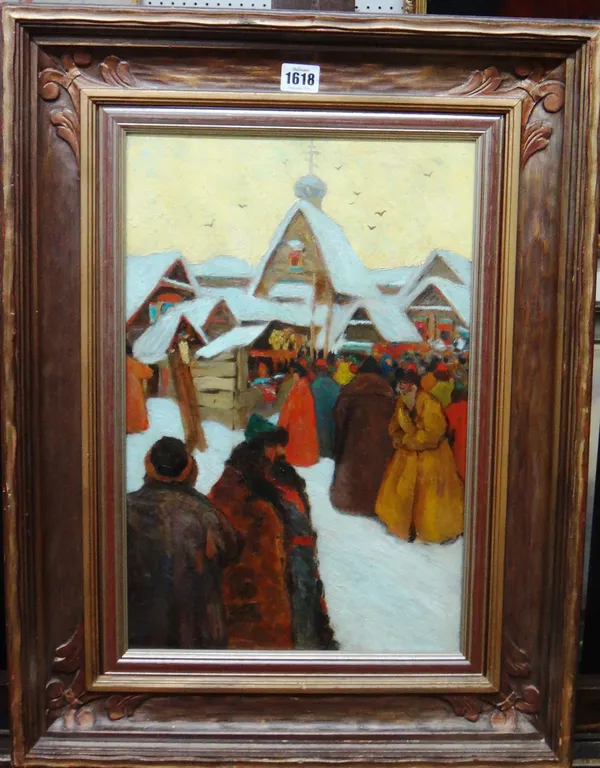 Manner of Andrei Petrovich Riabushkin, Village scene after church, oil on canvas, 45cm x 29.5cm.