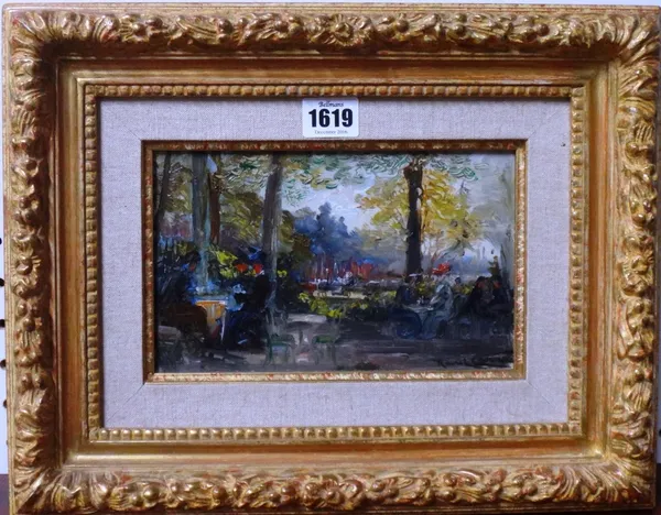 Raoul Carre (1870-1934), A parkland cafe with seated figures, oil on board, signed, 13.5cm x 20.5cm.