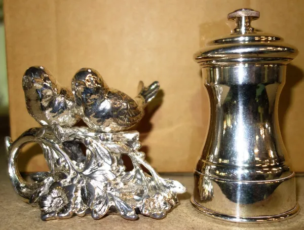 A quantity of silver plate and costume jewellery including salts modelled as birds, stag horn scent bottle and sundry. (qty)  S2TProvenance; The Estat