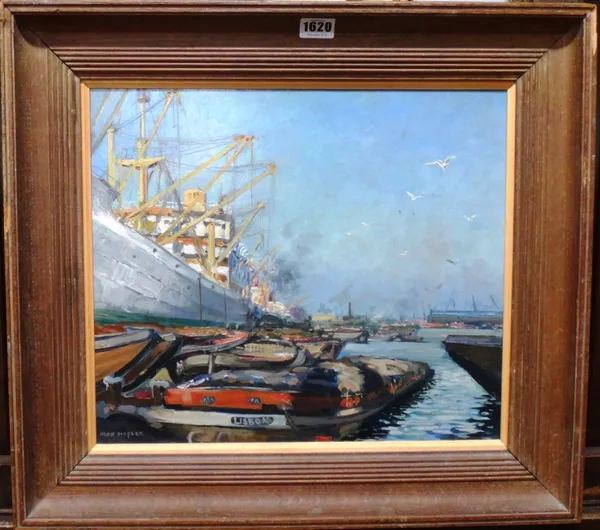 Max Hofler (1892-1963), Ships and barges, West India Dock, oil on board, signed, 33cm x 39cm. DDS