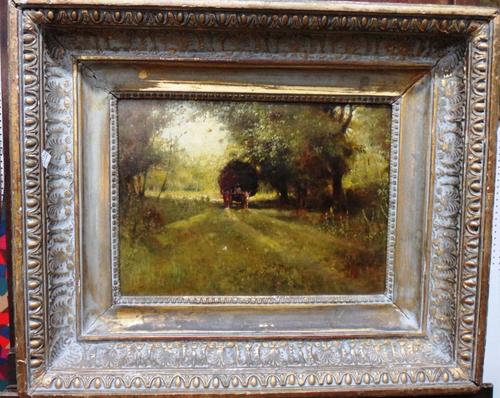 ** Daubigny (19th century), An oxen cart on a country track, oil on canvas, signed, 27cm x 37cm.