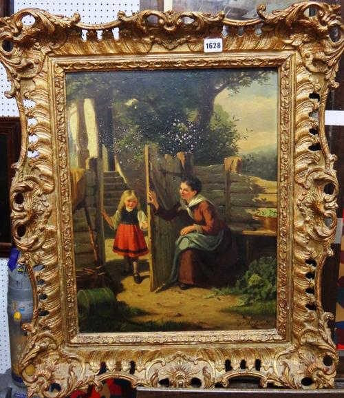 Jan Walraven (1827-1863), Mother and child at a garden gate, oil on panel, signed, 49cm x 37cm.