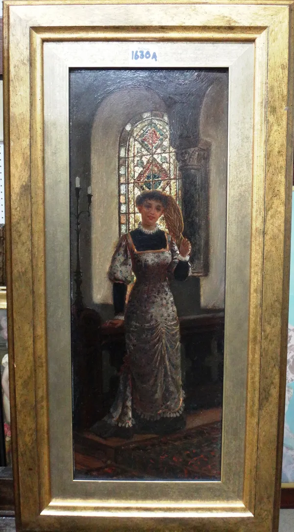 Charles Frederick Lowcock (1848-1952), A girl; in an interior, a stained glass window beyond, oil on board, signed, 48cm x 17.5cm. DDS