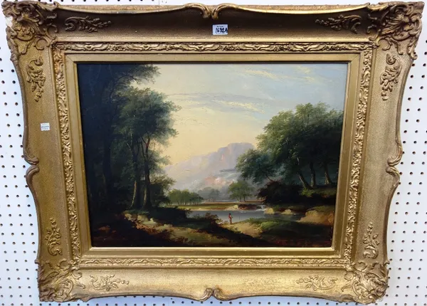 English School (19th century), An angler in a mountainous lake landscape, oil on board, 44.5cm x 60cm. Property from the estates of the late Adrian St