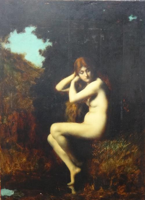 Follower of Jean Jacques Henner (1829-1905), Bather, oil on canvas, bears a signature, unframed, 100cm x 73cm.