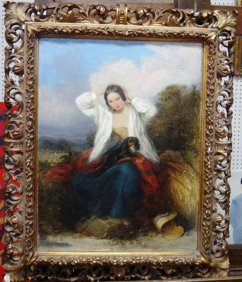 Circle of James John Hill, The harvest girl with her pet dog, oil on canvas, 44cm x 33.5cm.