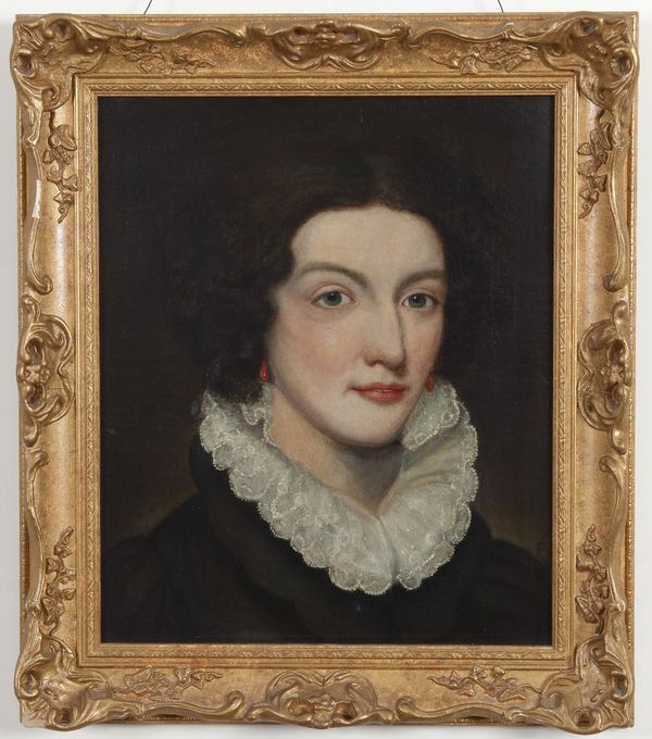 English School (19th century), Portrait of a lady, wearing a lace ruff, oil on canvas, 37.5cm x 31cm.