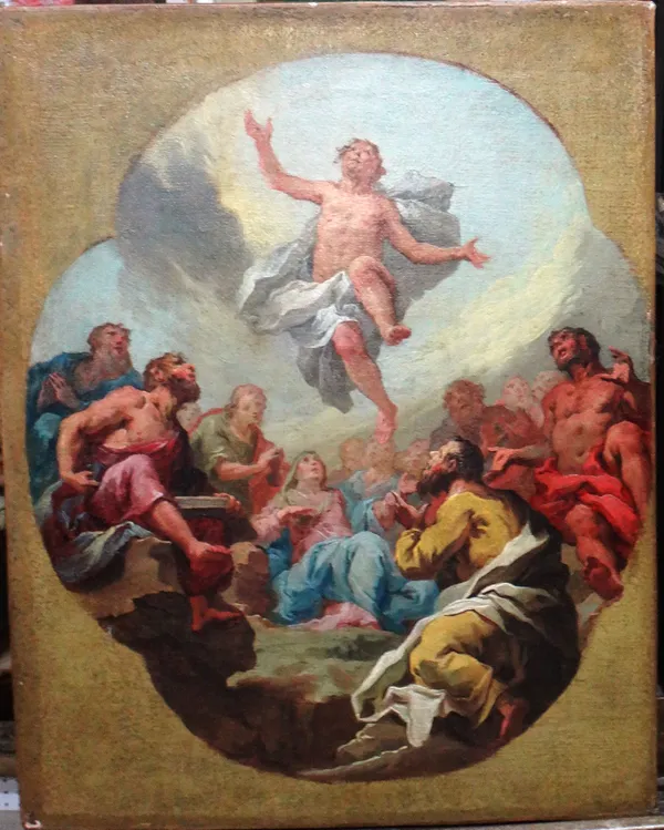 Attributed to Vincenzo Angelo Orelli (1755-1813), The Ascension, oil on canvas, in a painted cartouche shape, unframed, 42cm x 33cm.  Illustrated