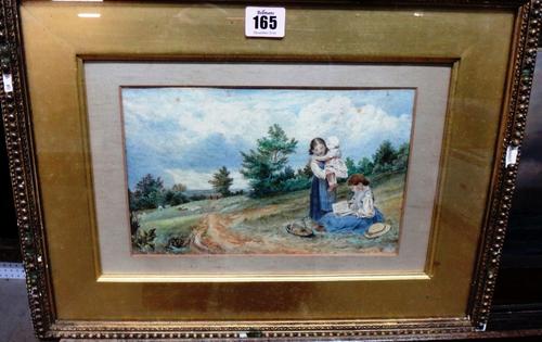 After Myles Birket Foster, Children in a meadow, watercolour, bears a monogram, 15cm x 24cm.  F1