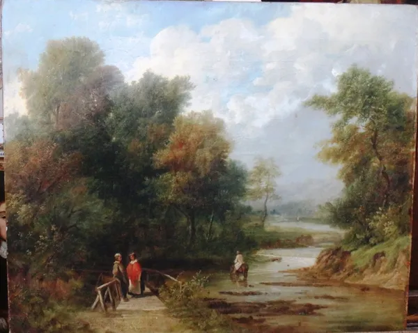 English School (19th century), Figures on a bridge in a wooded river landscape, oil on canvas, unframed, 50cm x 60.5cm.