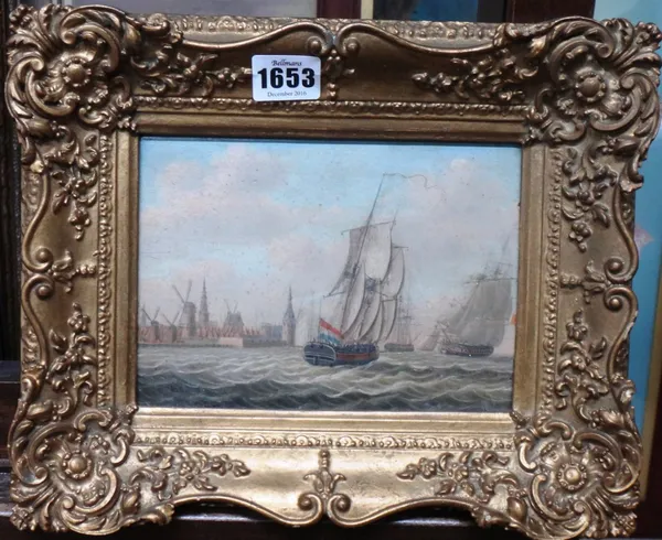 Dutch School (19th century), Vessels leaving harbour, oil on panel, 13.5cm x 18.5cm.