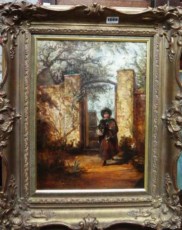 Frederick Goodall (1822-1904), The garden gate, oil on panel, signed with monogram, 40cm x 29cm.
