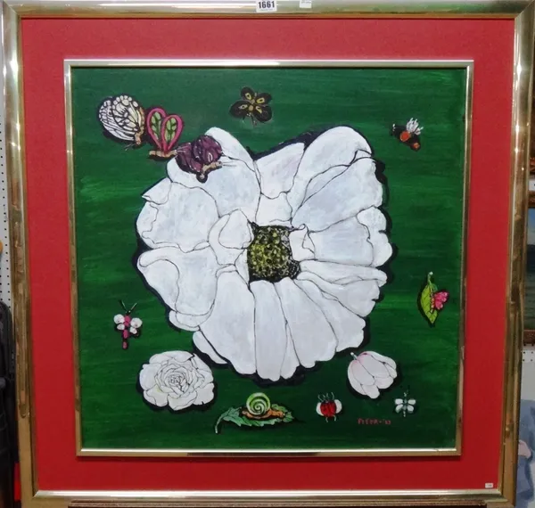 Fleur Cowles (1908-2009), Flower and insect compositions, three, oil on board, all signed and variously dated, the largest 60.5cm x 60.5cm (3).Provena