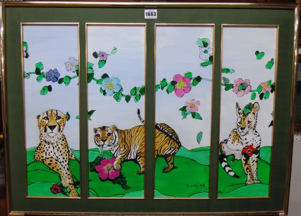 Fleur Cowles (1908-2009), Tiger and leopard cubs, oil on board in four panels, signed and dated '99, overall size 45cm x 65cm, together with a further