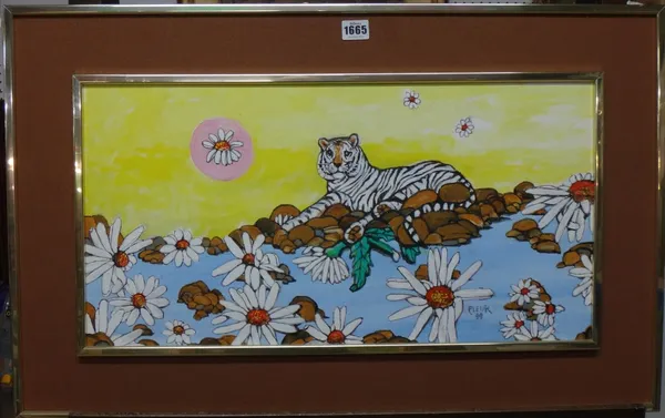 Fleur Cowles (1908-2009), Tigers, two, oil on board, both signed and one dated '99, each 30cm x 59cm (2).Provenance; The Estate of Fleur Cowles