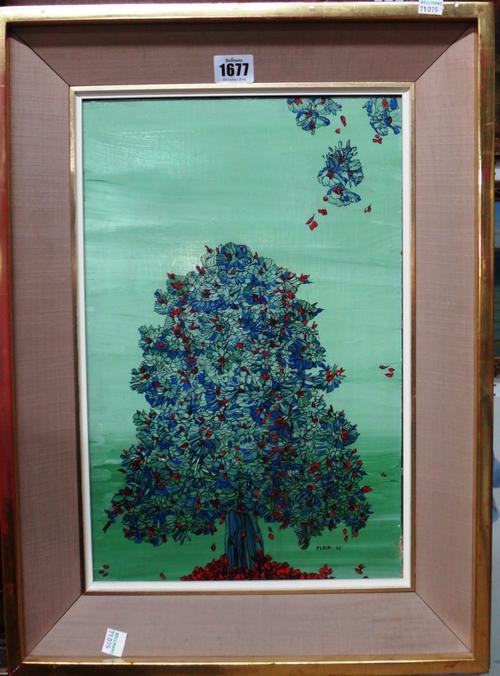 Fleur Cowles (1908-2009), Flowers must fall; Bouquet of anemones; Moonscape, three, oil on board, all signed, one dated '65, the largest 40cm x 26cm (