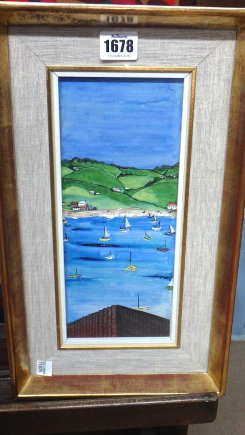 Fleur Cowles (1908-2009), Sails; Landscape, two, pen, ink and gouache, one signed and dated '59, the larger 26cm x 11cm (2).Provenance; The Estate of