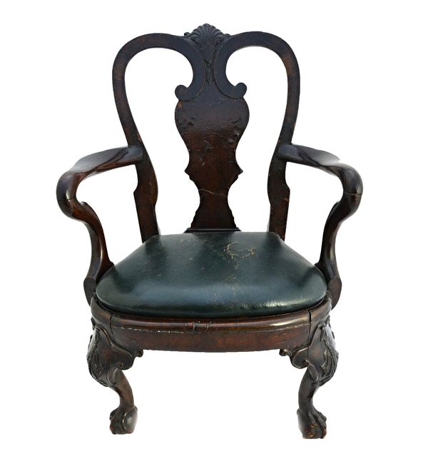 A 19th century child's/apprentice open armchair of early 18th century design, the vase splat over bow seat, on bell flower capped cabriole supports an