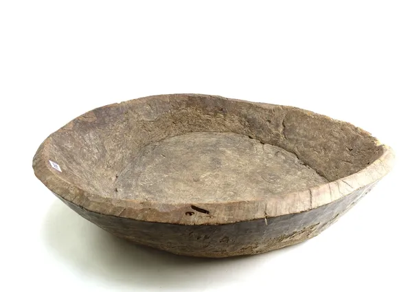 A large dished burr wood bowl, 77cm wide.