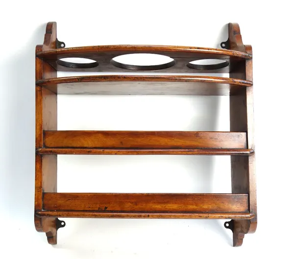 An 18th century oak slope front hanging salt box, 17cm wide, together with a small set of fruitwood hanging shelves, 38cm wide (2).
