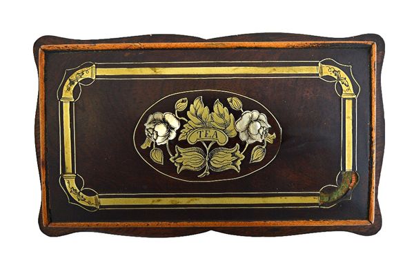 A 19th century brass and mother of pearl inlaid tea caddy, the shaped lid revealing a twin section interior, together with a satinwood inlaid chess bo