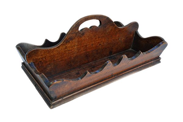 A George III mahogany shaped twin section cutlery box, with pierced loop handle, 39cm wide, together with a similar oak example, 42cm wide (2).  Illus