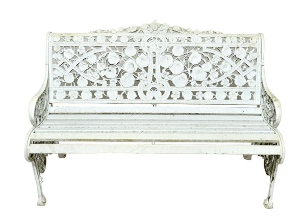 Coalbrookdale design; a 20th century white painted aluminium garden bench, 128cm wide, and a pair of matching armchairs in the Nasturtium pattern (3).