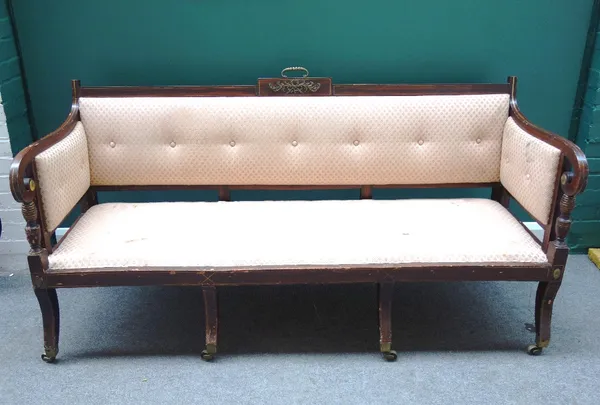 A 19th century faux rosewood gilt metal mounted square back sofa, with shepherd's crook arms, on turned supports above straight front seats, on four s