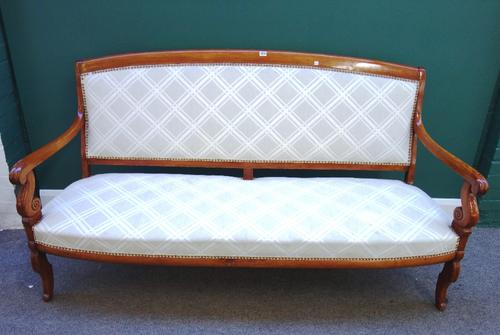 A mid-19th century walnut framed North European three piece salon suite, to compromise sofa, 180cm wide and a pair of armchairs, all with open arms bo