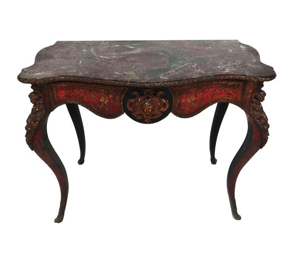 A late 19th century  table, the serpentine marble top over a boulle base, on four caryatid mounted cabriole supports, 92cm wide.  Illustrated