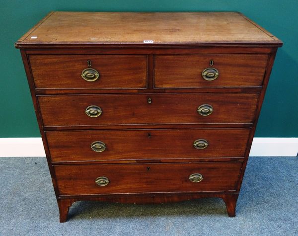 A Regency mahogany chest of two short and three long drawers, on splayed bracket feet, 92cm wide.