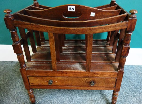 A Regency mahogany Canterbury, the concave top over four sections and single drawer, on turned supports, 45cm wide.