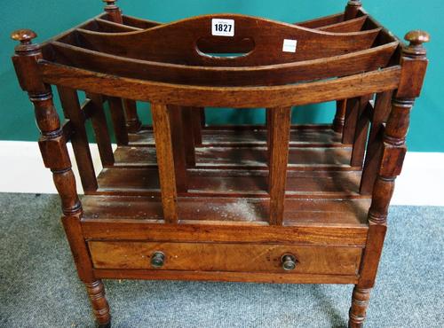 A Regency mahogany Canterbury, the concave top over four sections and single drawer, on turned supports, 45cm wide.