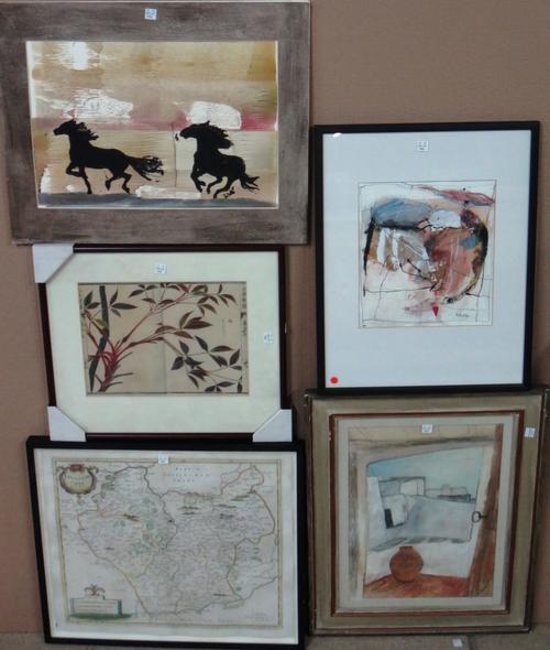 A group of assorted 20th century pictures and prints, including a map of Leicestershire by Robert Morden, a picture after Wassily Kandinsky, mainly ab