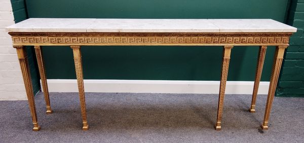 An 18th century style console table, the rectangular marble top over a Greek key frieze, on six fluted tapering square supports, 200cm wide.